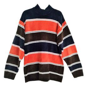 212 NYC Seoul Korean Peacock Blue Color Block Striped Mock Neck Long Sleeve L